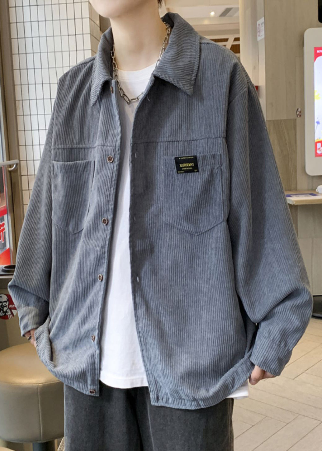 Grey Button Coats Coat Oversized Pockets Classy Corduroy