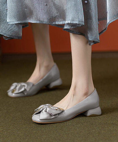 Shoes Chunky Classy Cowhide Flat Grey Leather Splicing Bow