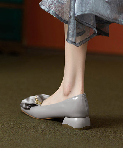 Shoes Chunky Classy Cowhide Flat Grey Leather Splicing Bow