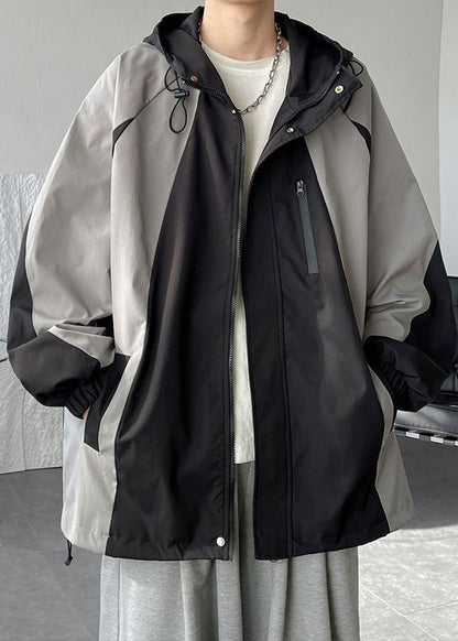 Cotton Hooded Patchwork Classy Coats Grey Drawstring Spring