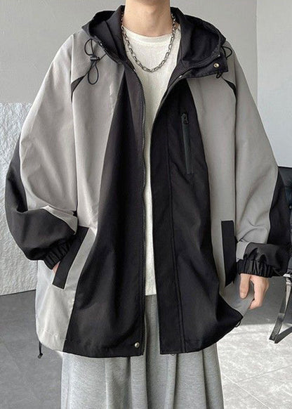 Cotton Hooded Patchwork Classy Coats Grey Drawstring Spring