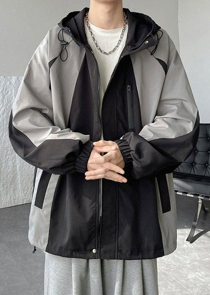 Cotton Hooded Patchwork Classy Coats Grey Drawstring Spring