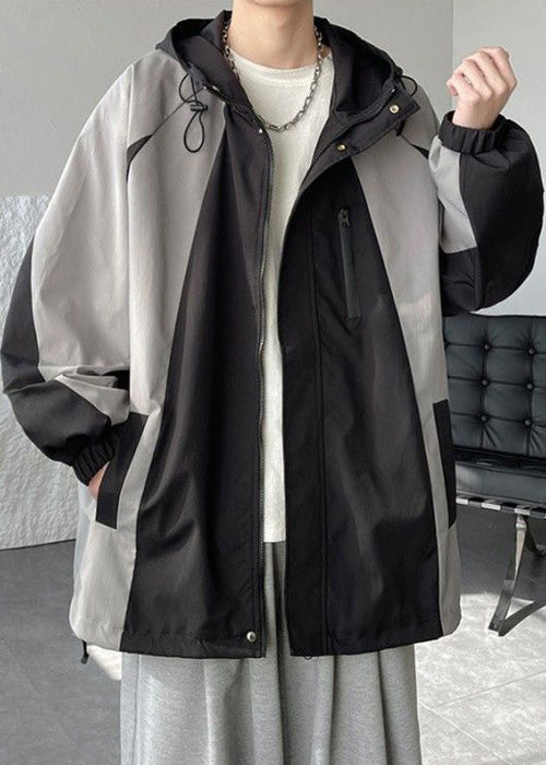 Cotton Hooded Patchwork Classy Coats Grey Drawstring Spring