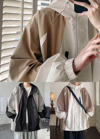 Coat Khaki Patchwork Hooded Spring Pockets Cotton Zippered