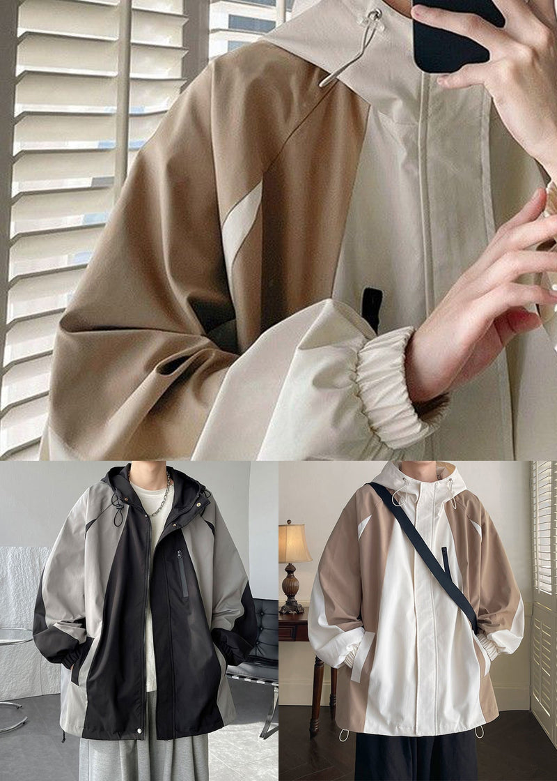Coat Khaki Patchwork Hooded Spring Pockets Cotton Zippered