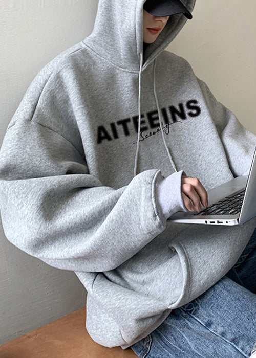 Classy Grey Hooded Letter Warm Fleece Sweatshirts Spring Yq023