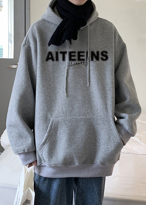 Classy Grey Hooded Letter Warm Fleece Sweatshirts Spring Yq023