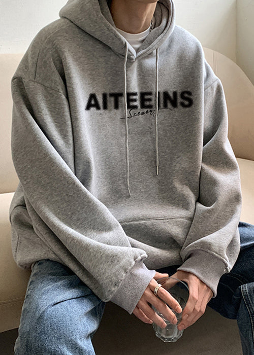 Classy Grey Hooded Letter Warm Fleece Sweatshirts Spring Yq023