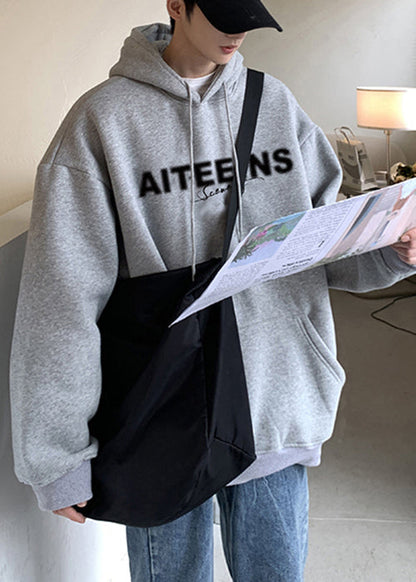 Classy Grey Hooded Letter Warm Fleece Sweatshirts Spring Yq023