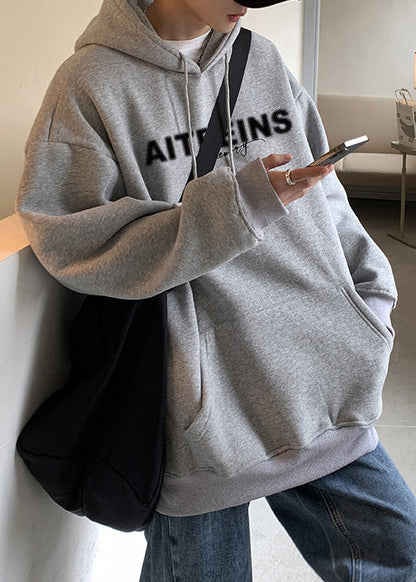 Classy Grey Hooded Letter Warm Fleece Sweatshirts Spring Yq023