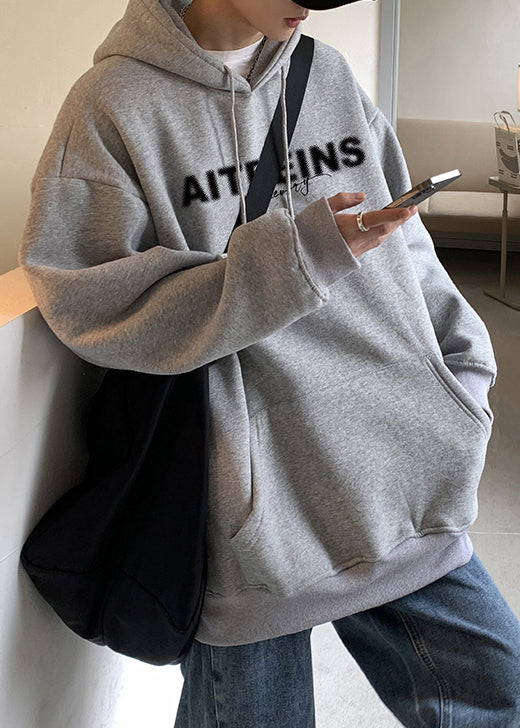 Classy Grey Hooded Letter Warm Fleece Sweatshirts Spring Yq023