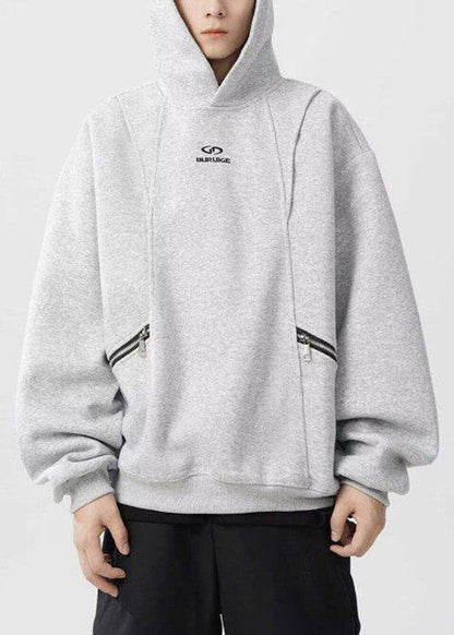 Classy Grey Hooded Zippered Warm Fleece Sweatshirt Spring Yq029
