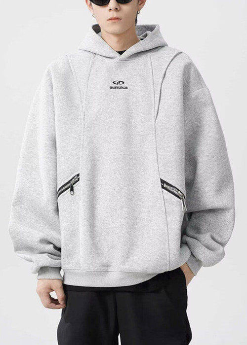 Classy Grey Hooded Zippered Warm Fleece Sweatshirt Spring Yq029