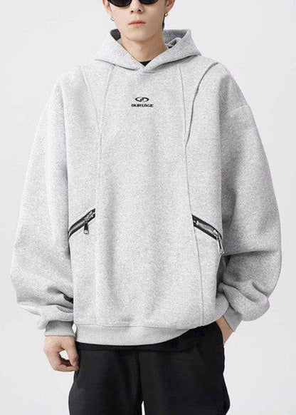 Classy Grey Hooded Zippered Warm Fleece Sweatshirt Spring Yq029