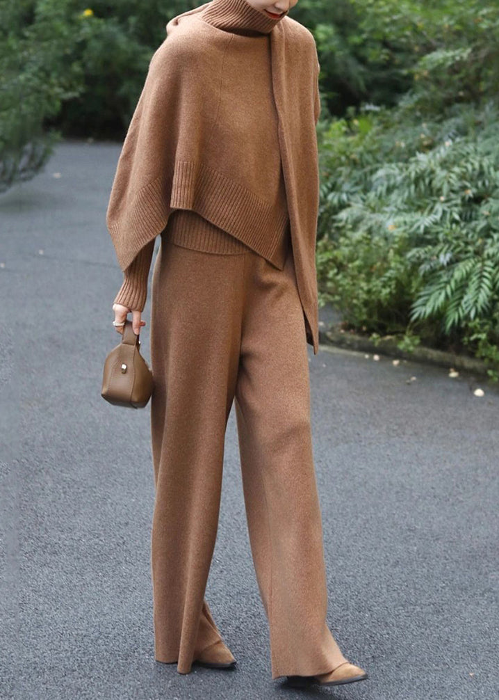 Classy Khaki Sweaters and Pants Knit Two Pieces Set Fall Wn035
