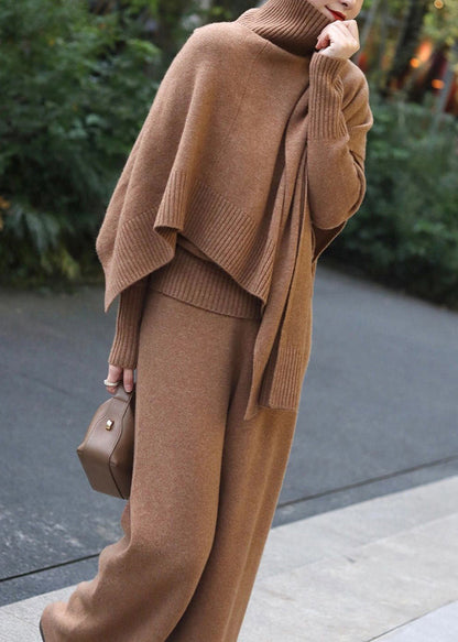 Classy Khaki Sweaters and Pants Knit Two Pieces Set Fall Wn035