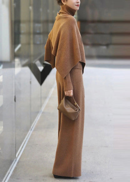 Classy Khaki Sweaters and Pants Knit Two Pieces Set Fall Wn035