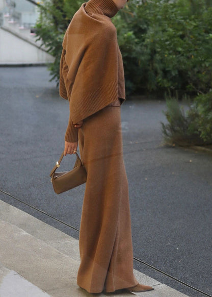 Classy Khaki Sweaters and Pants Knit Two Pieces Set Fall Wn035