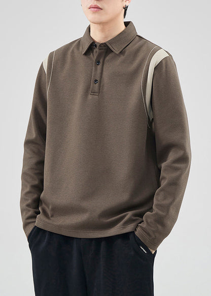 Classy Mo Polo Sweatshirts Button Spring Tc032 Patchwork Cotton Brown