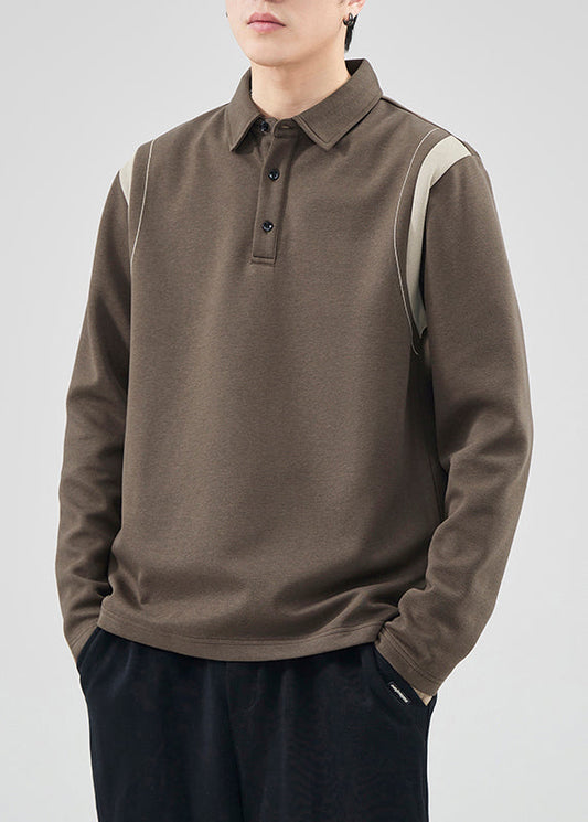 Classy Mo Polo Sweatshirts Button Spring Tc032 Patchwork Cotton Brown