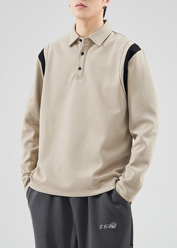 Classy Mo Polo Sweatshirts Button Spring Tc032 Patchwork Cotton Brown