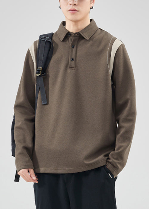 Classy Mo Polo Sweatshirts Button Spring Tc032 Patchwork Cotton Brown