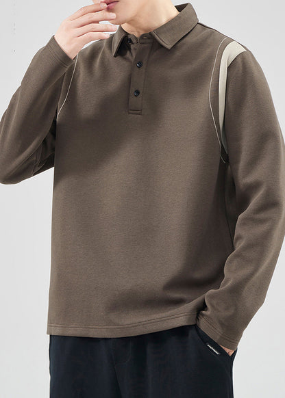 Classy Mo Polo Sweatshirts Button Spring Tc032 Patchwork Cotton Brown