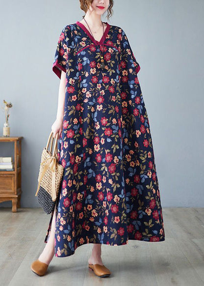 Classy Mulberry V Neck Print Cotton Long Dresses Summer Ly0889
