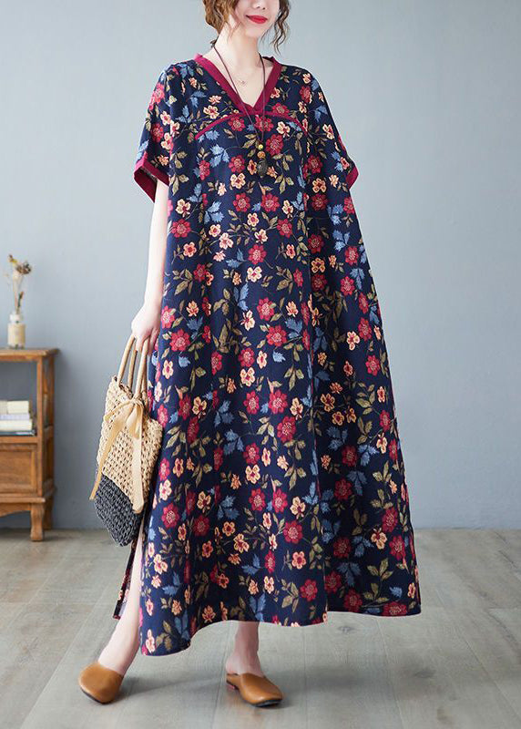 Classy Mulberry V Neck Print Cotton Long Dresses Summer Ly0889
