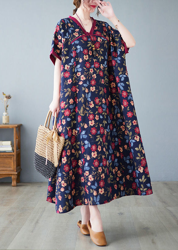 Classy Mulberry V Neck Print Cotton Long Dresses Summer Ly0889