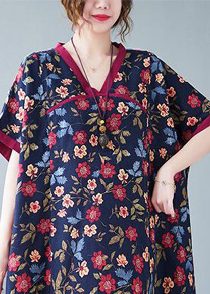 Classy Mulberry V Neck Print Cotton Long Dresses Summer Ly0889