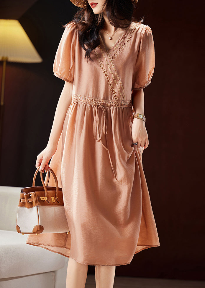 Classy Orange V Neck Hollow Out Patchwork Tie Waist Silk Long Dresses Short Sleeve Ww036