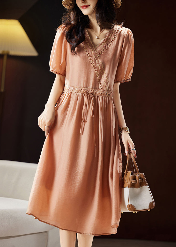 Classy Orange V Neck Hollow Out Patchwork Tie Waist Silk Long Dresses Short Sleeve Ww036