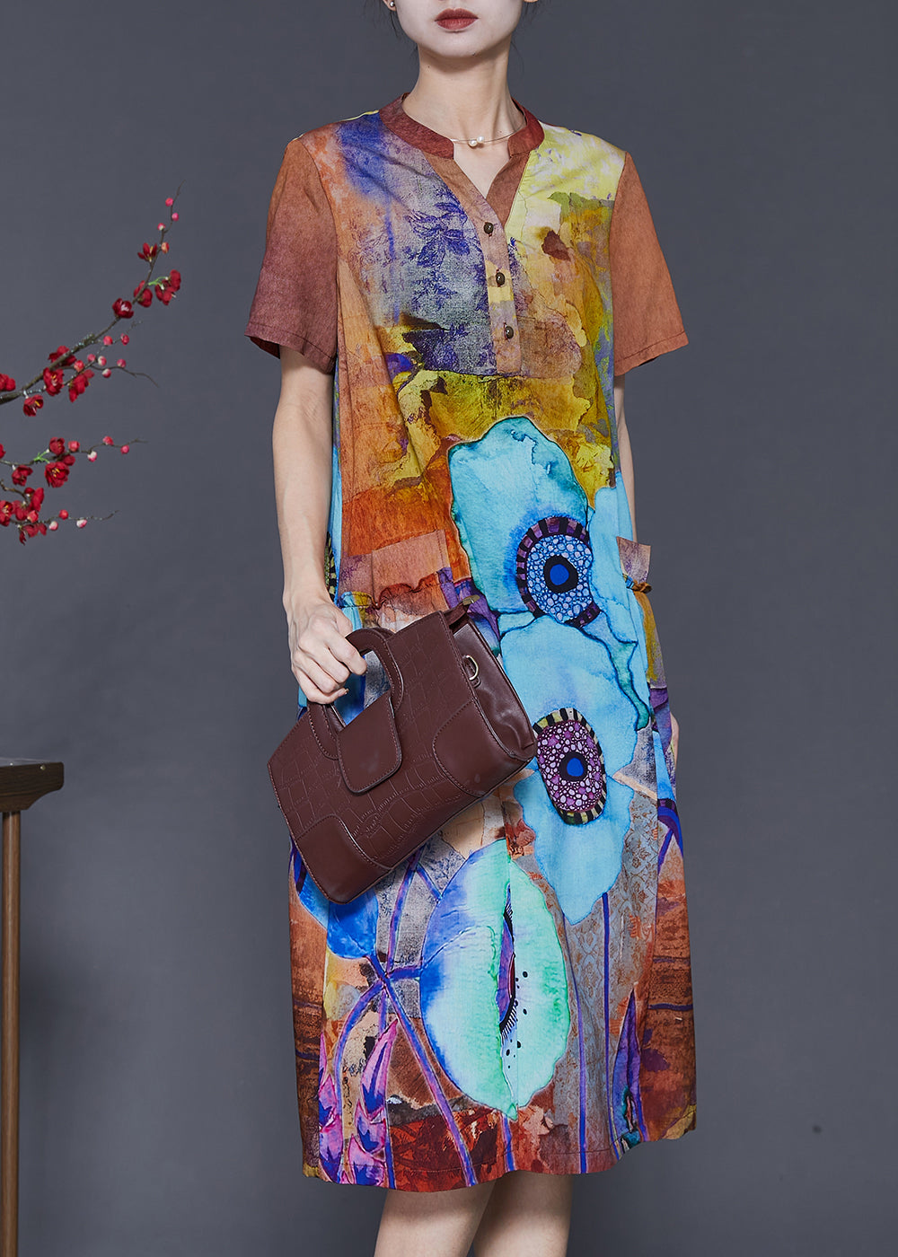 Classy Orange V Neck Print Chiffon Maxi Dresses Summer Sd1075