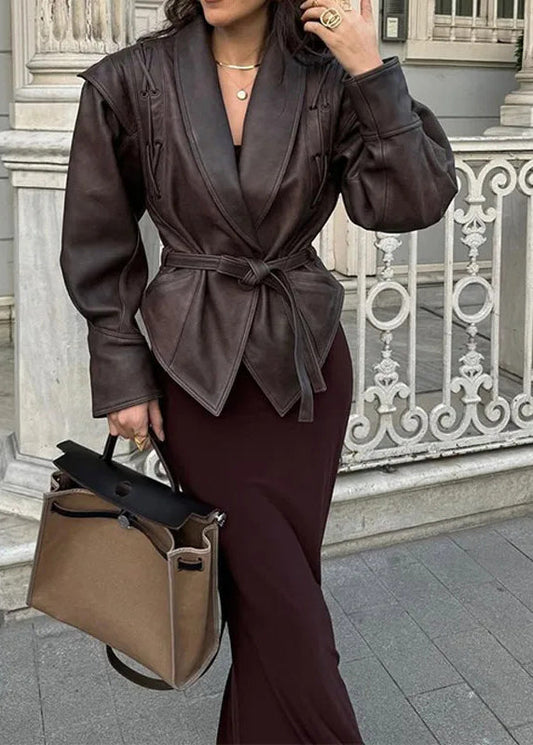 Classy Peter Pan Collar Tie Waist Faux Leather Coats Fall Qy028