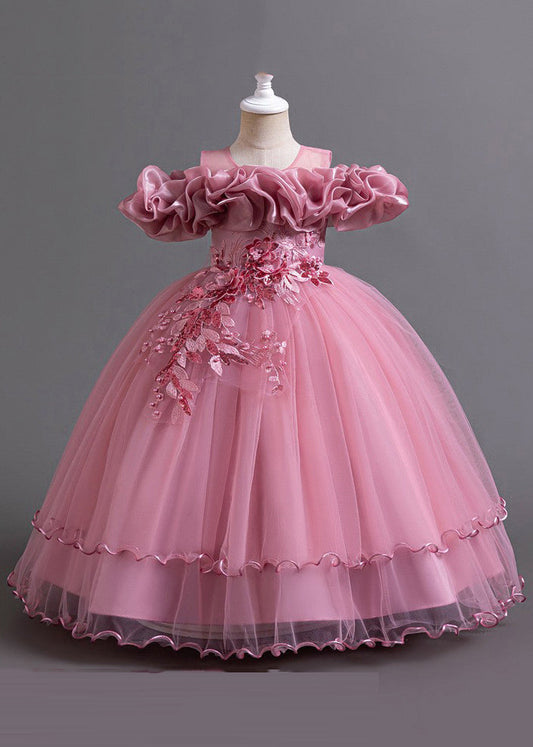 Classy Pink Embroideried Bow Tunic Tulle Long Dress Short Sleeve Yg018