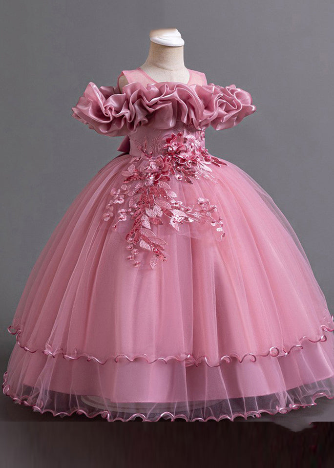 Classy Pink Embroideried Bow Tunic Tulle Long Dress Short Sleeve Yg018