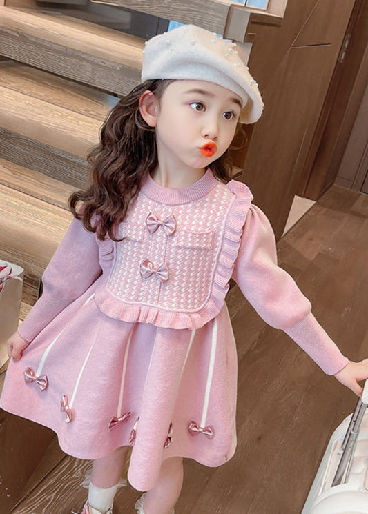 Classy Pink O-neck Bow Patchwork Cotton Knit Vacation Maxi Dresses Spring Ye025