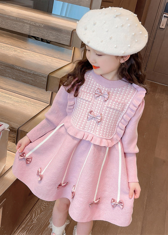 Classy Pink O-neck Bow Patchwork Cotton Knit Vacation Maxi Dresses Spring Ye025
