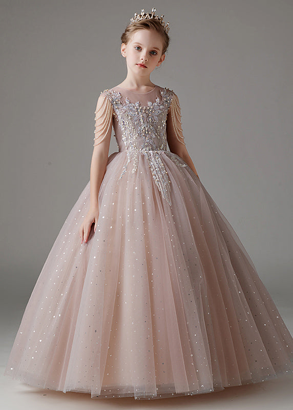 Classy Pink O-neck Sequins Patchwork Tulle Kids Long Dress Sleeveless Qv009