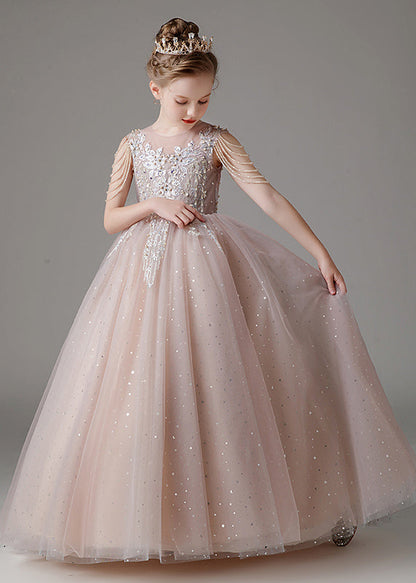 Classy Pink O-neck Sequins Patchwork Tulle Kids Long Dress Sleeveless Qv009