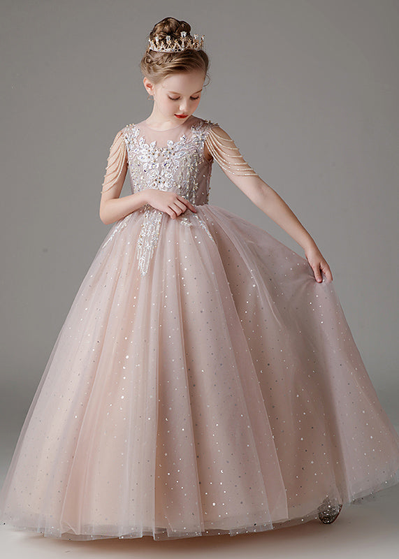 Classy Pink O-neck Sequins Patchwork Tulle Kids Long Dress Sleeveless Qv009