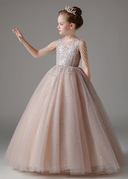 Classy Pink O-neck Sequins Patchwork Tulle Kids Long Dress Sleeveless Qv009
