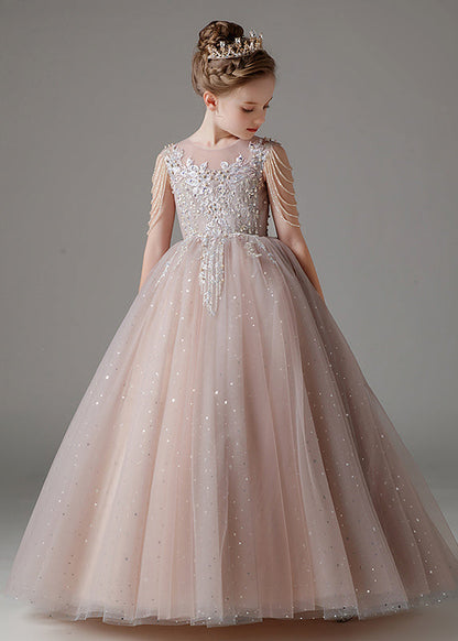 Classy Pink O-neck Sequins Patchwork Tulle Kids Long Dress Sleeveless Qv009