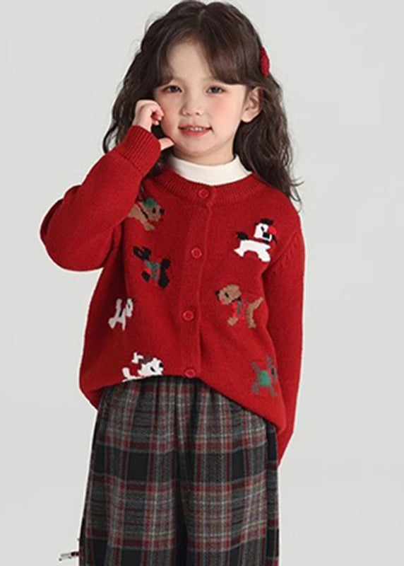 Classy Red Animal Print Cotton Knit Kids Cardigan Spring Tp045