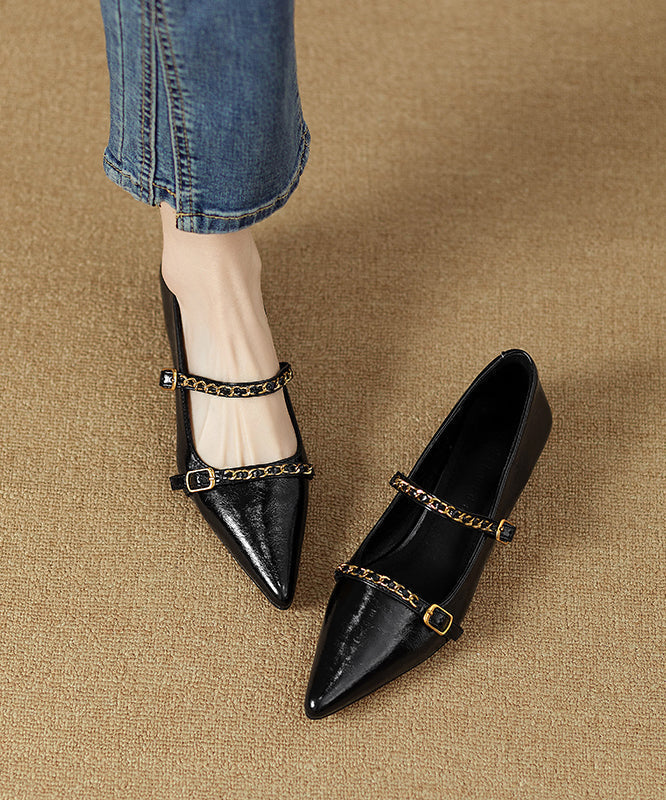Classy Splicing Flat Shoes Black Cowhide Leather Pointed Toe Ri021