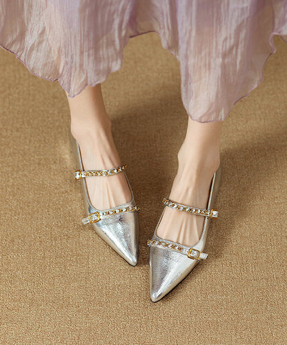 Classy Splicing Flat Shoes Black Cowhide Leather Pointed Toe Ri021