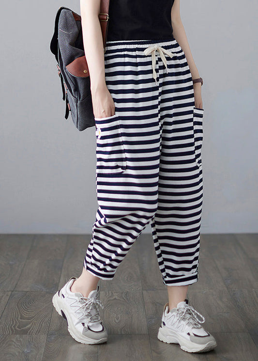Classy Striped Embroideried Drawstring Elastic Waist Draping Crop Pants Summer Ly0664