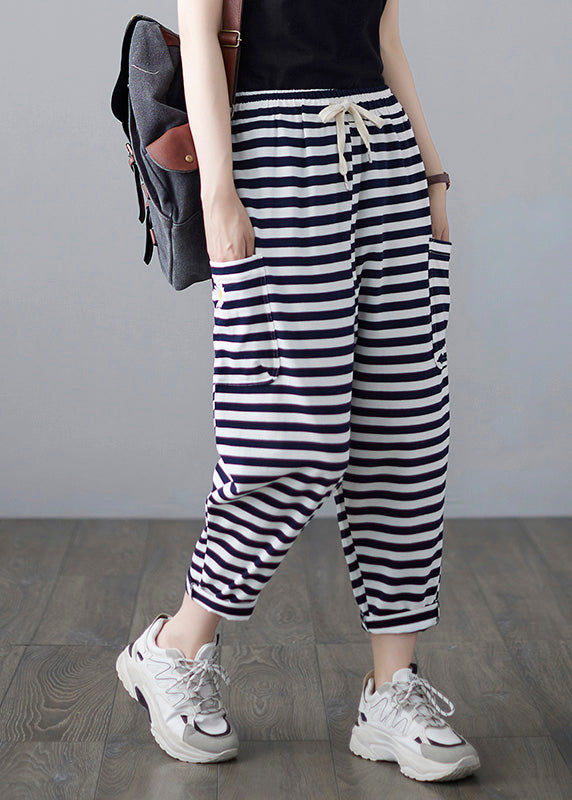 Classy Striped Embroideried Drawstring Elastic Waist Draping Crop Pants Summer Ly0664