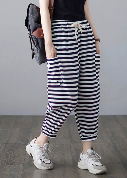 Classy Striped Embroideried Drawstring Elastic Waist Draping Crop Pants Ac2088